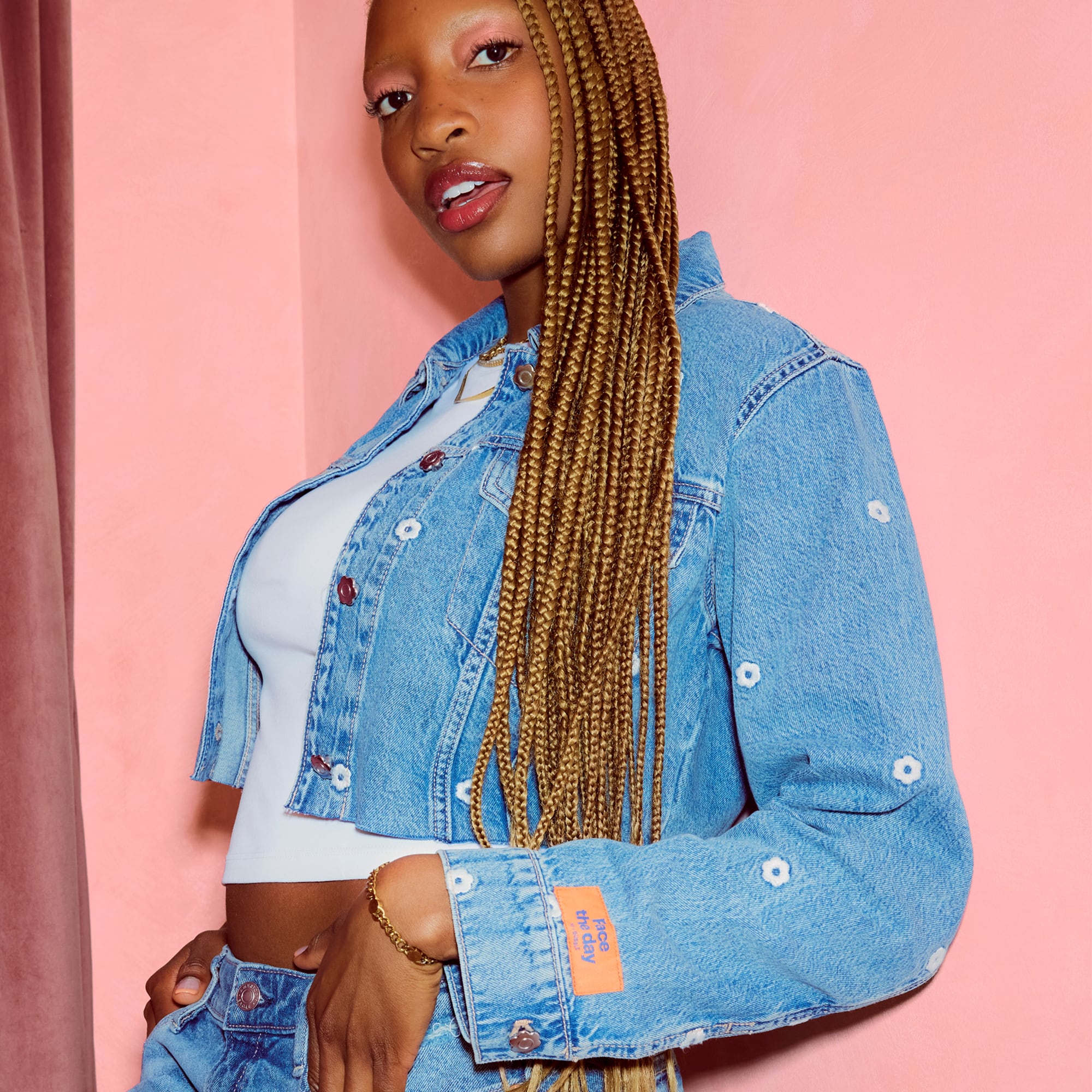 AE x Bubble Embroidered Cropped Denim Jacket